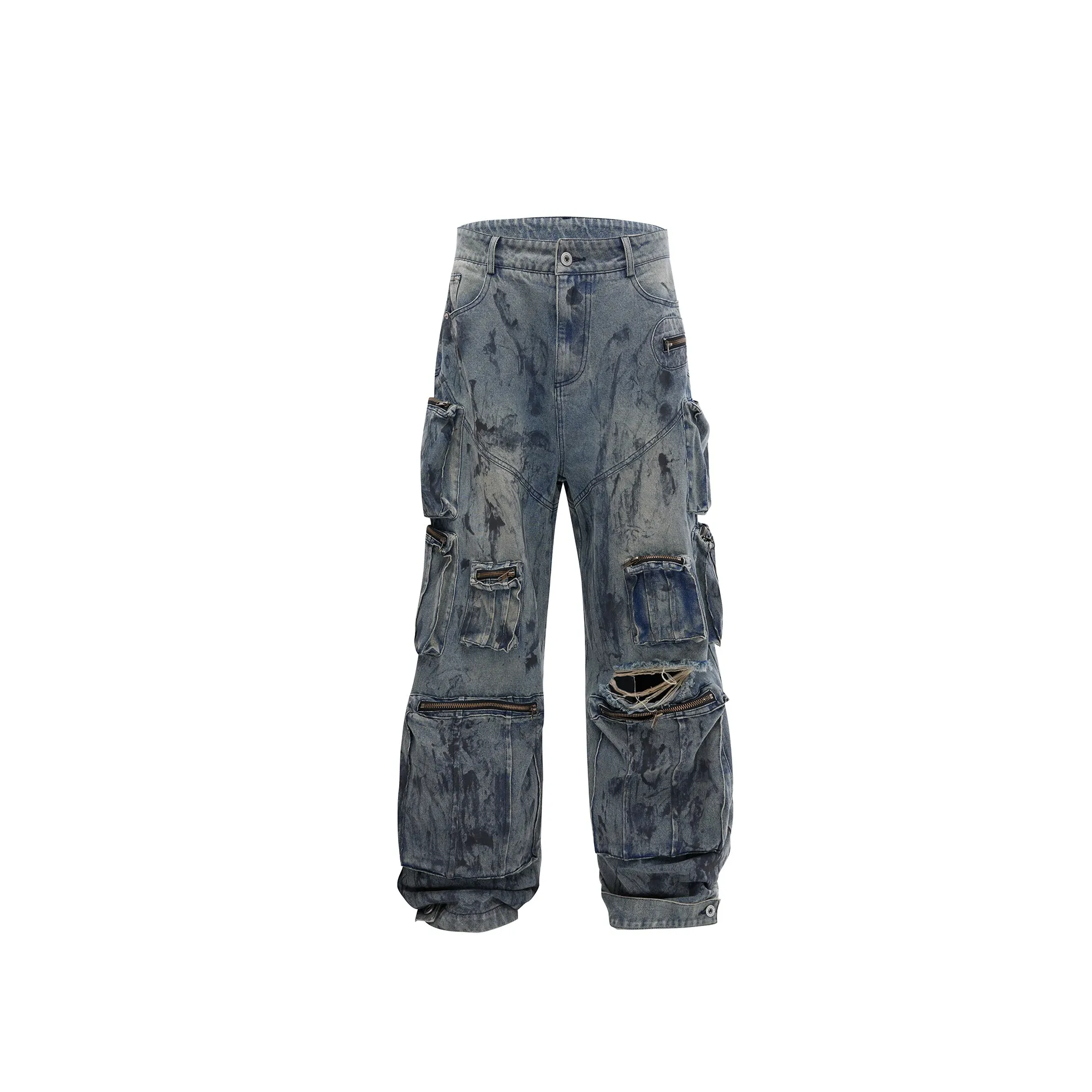 【24s Jun.】Distressed Multi-pocket Hand-painted Jeans