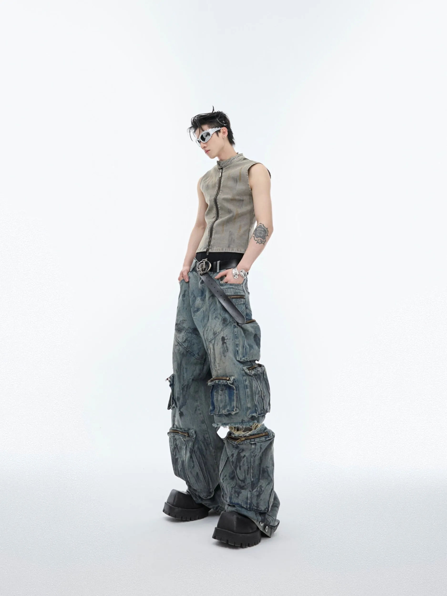 【24s Jun.】Distressed Multi-pocket Hand-painted Jeans
