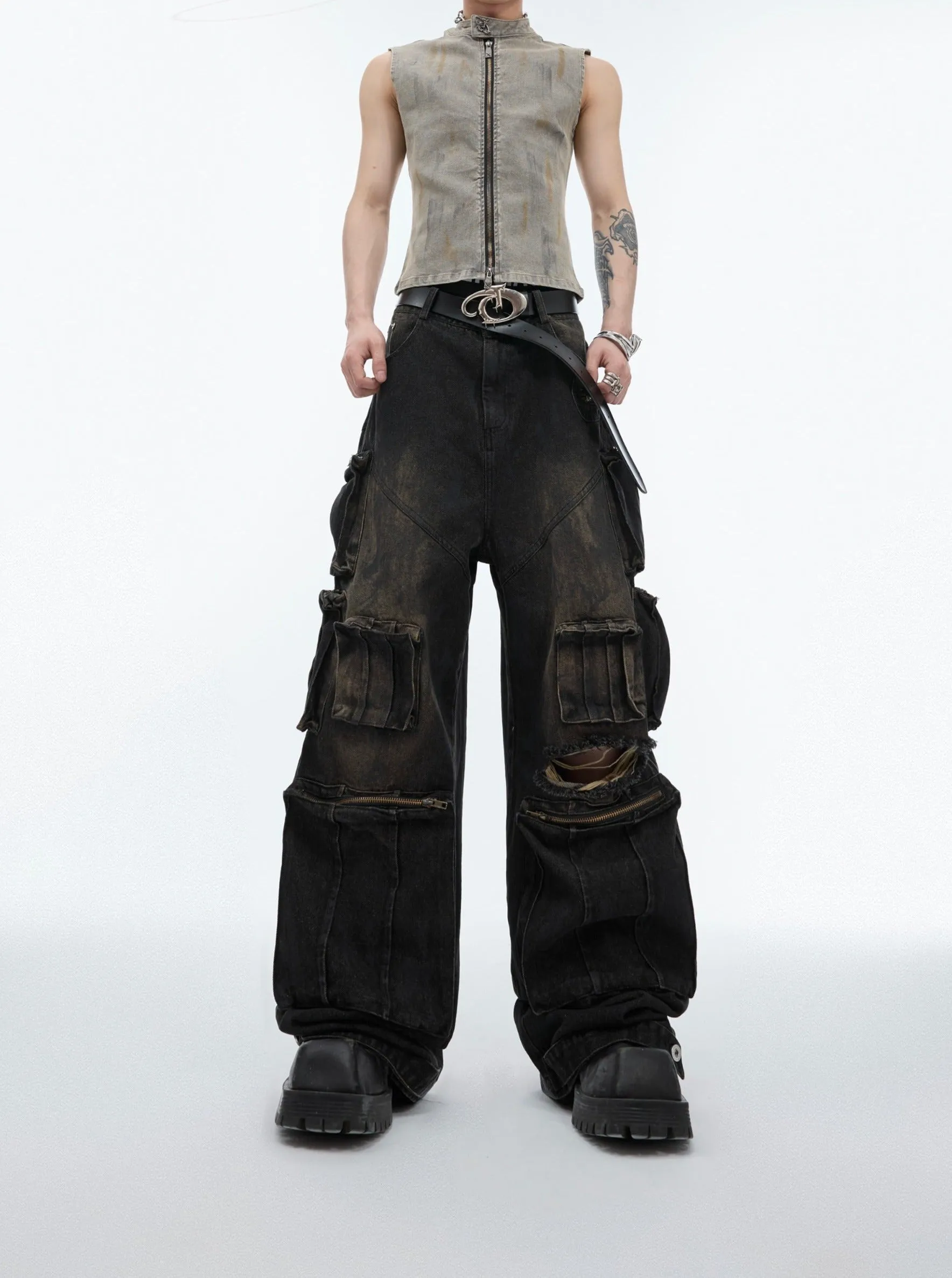 【24s Jun.】Distressed Multi-pocket Hand-painted Jeans