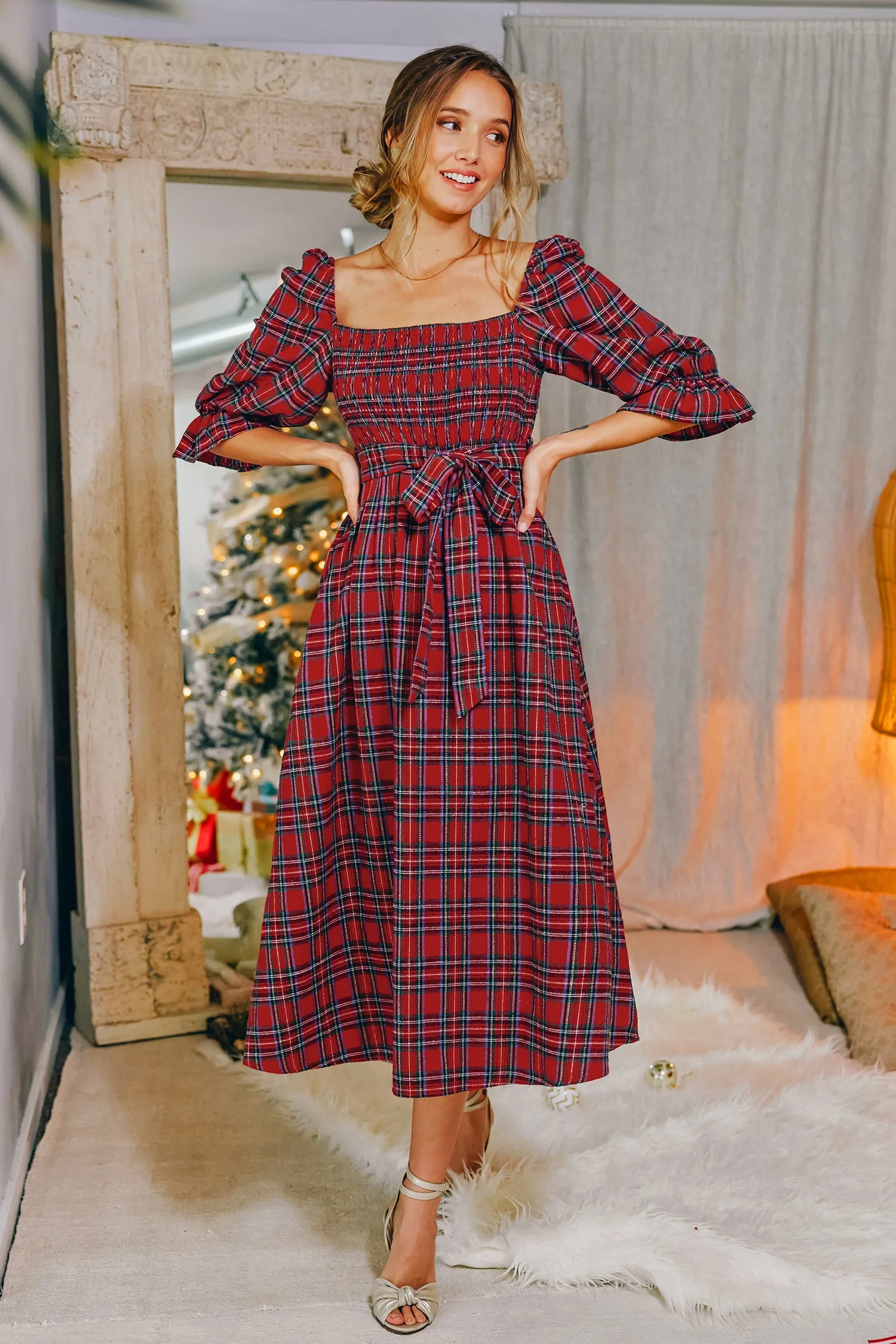 Abigai Belted Tartan Plaid Maxi Dress