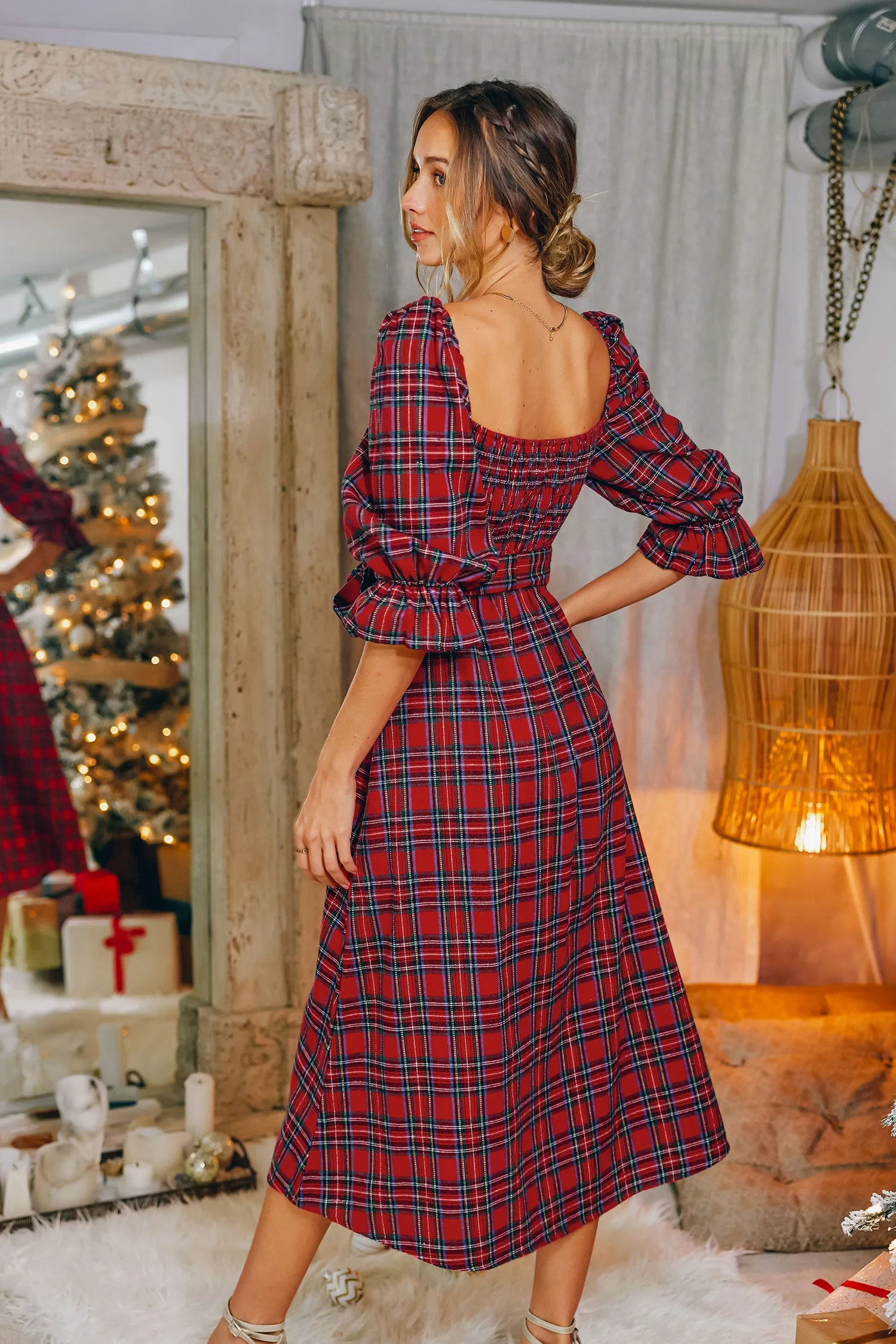 Abigai Belted Tartan Plaid Maxi Dress