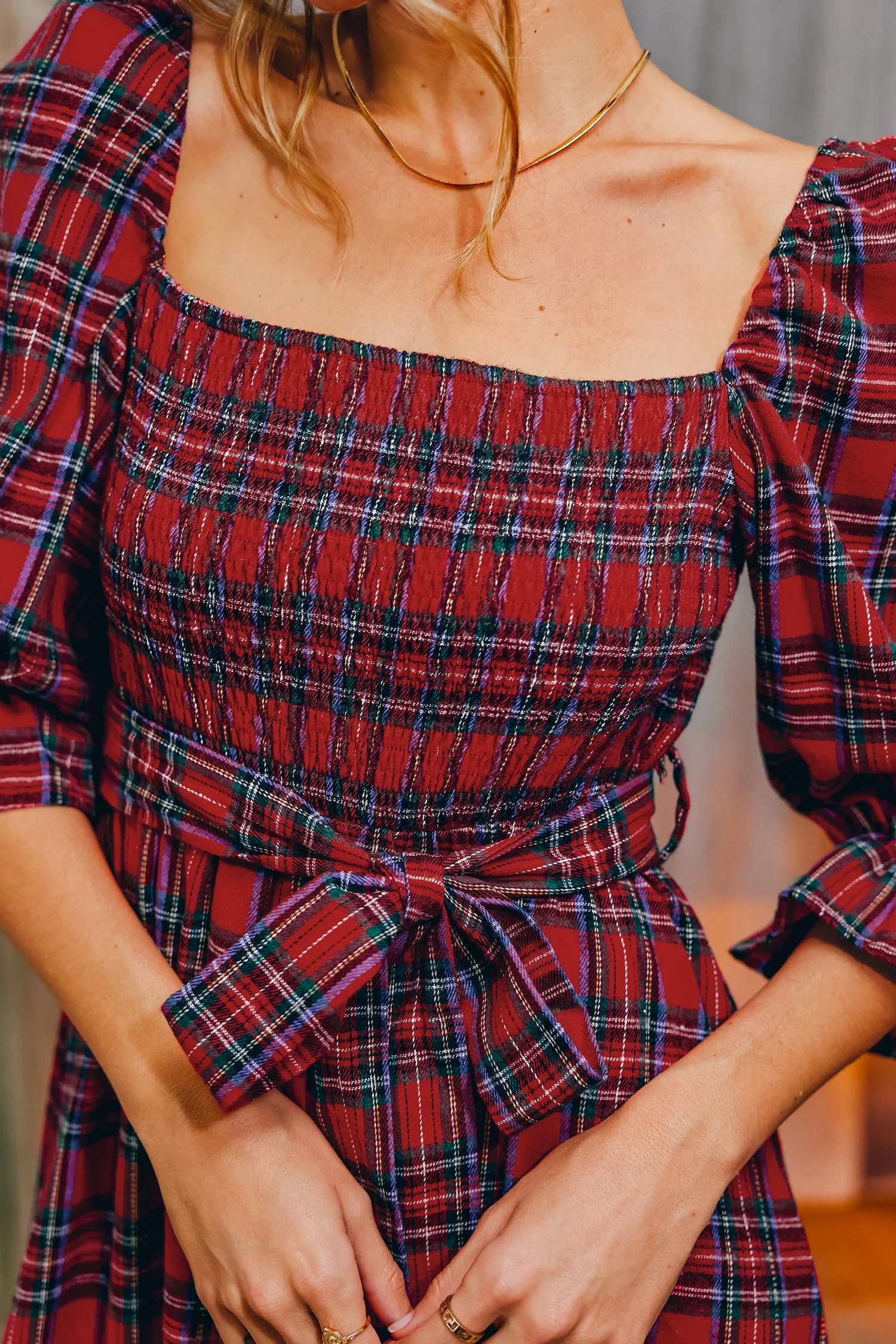 Abigai Belted Tartan Plaid Maxi Dress