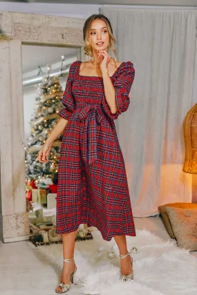 Abigai Belted Tartan Plaid Maxi Dress