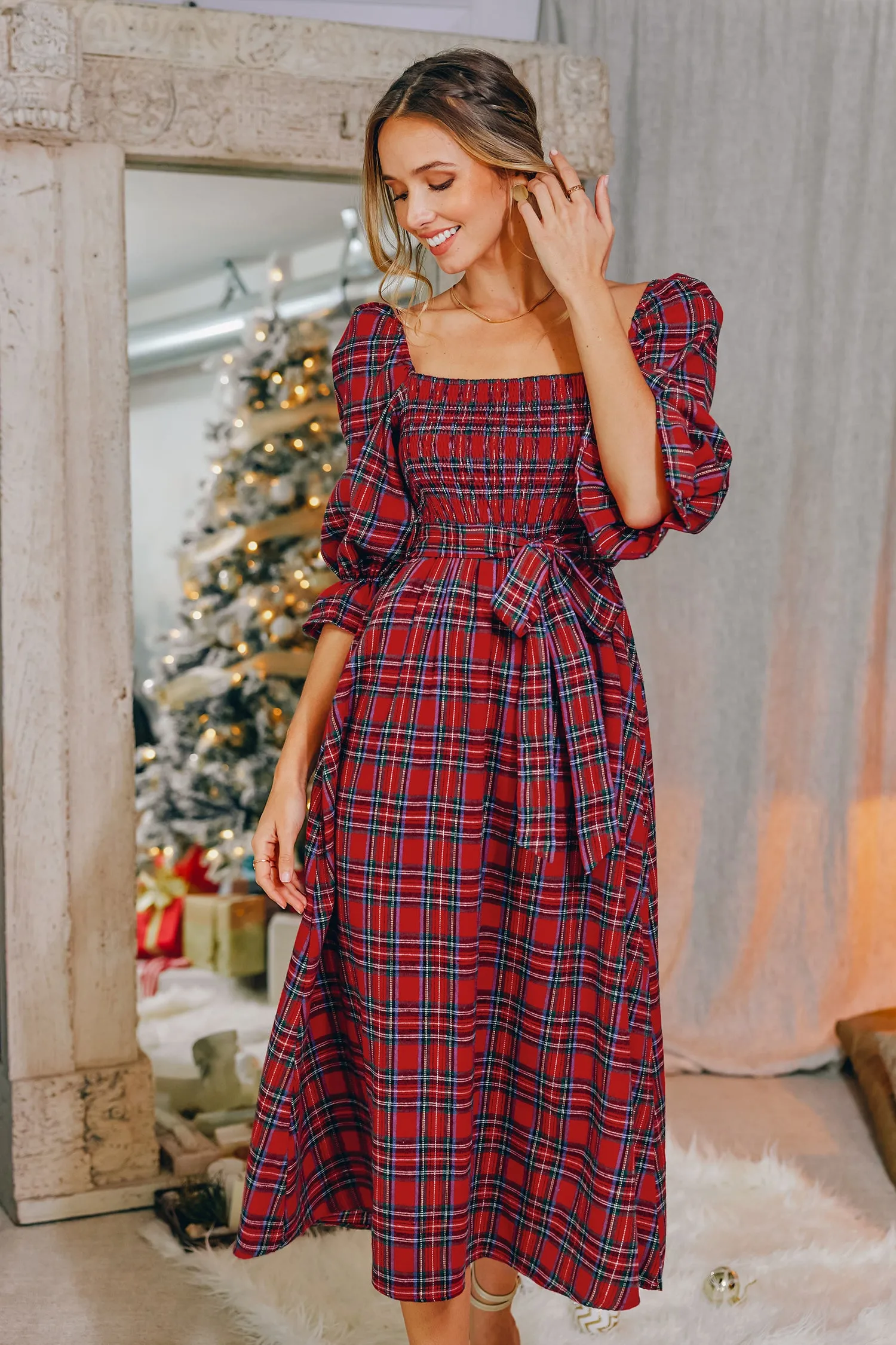 Abigai Belted Tartan Plaid Maxi Dress