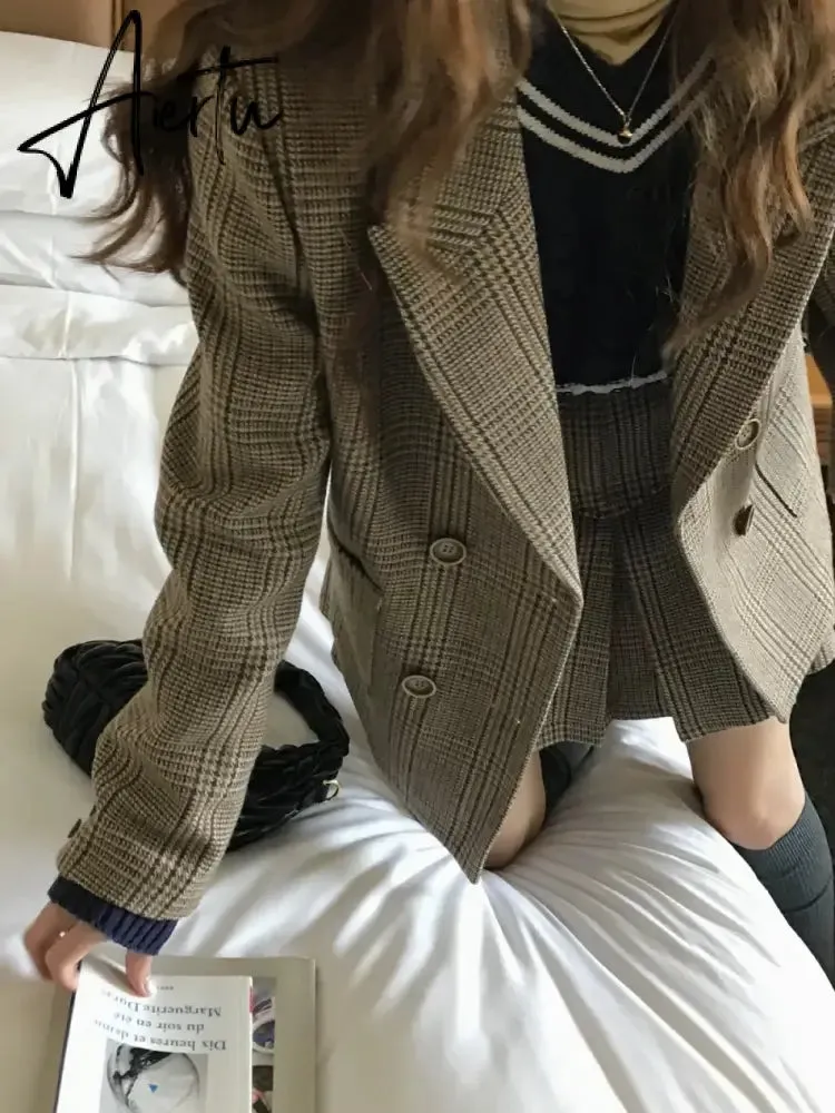 Aiertu 2 Piece Sets Women Outfits Autumn Winter Elegant Sweet Woolen Blazer High Waist Pleated Skirt Suit Korean Vintage Temperament