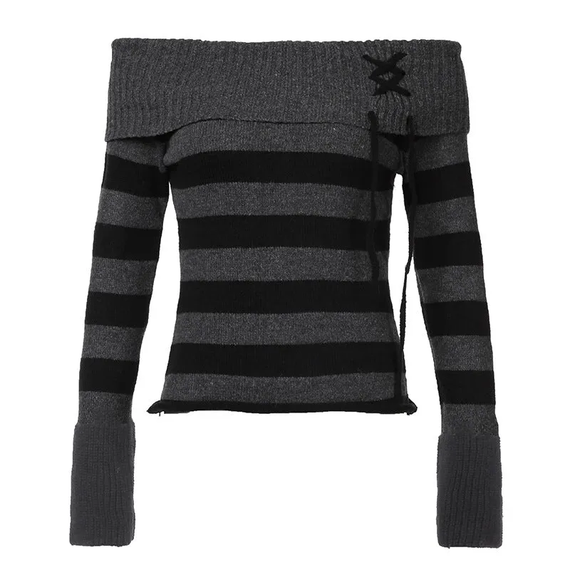 Aiertu long sweater dress outfit Y2k Retro Fashion Color Matching Striped Flanging off-Shoulder Chic Lace-up Sweater Personalized Waist Slimming Sweater