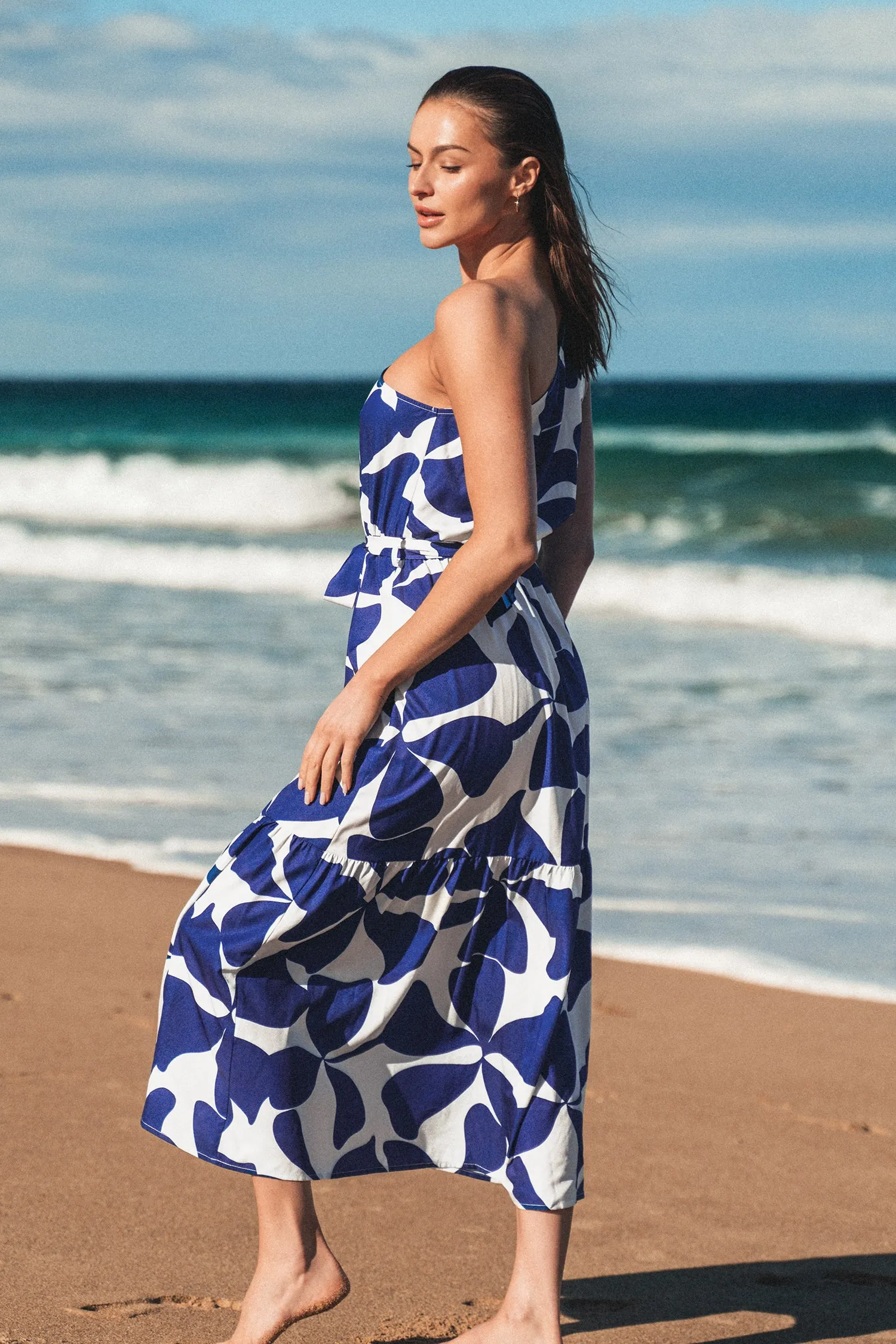Belted Geo Print One-Shoulder Dress