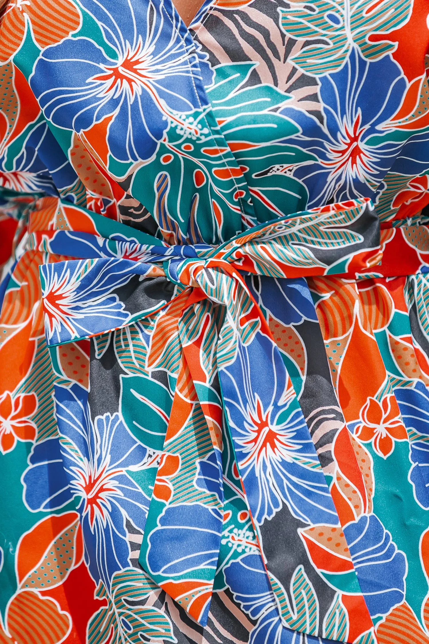 Belted Tropical Floral Print Maxi Dress