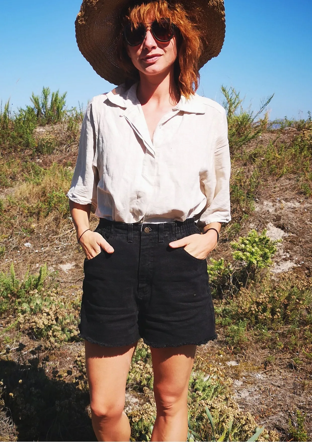 BLOUSE SHORT SLEEVES CONCEALED BUTTONS - LINEN natural white