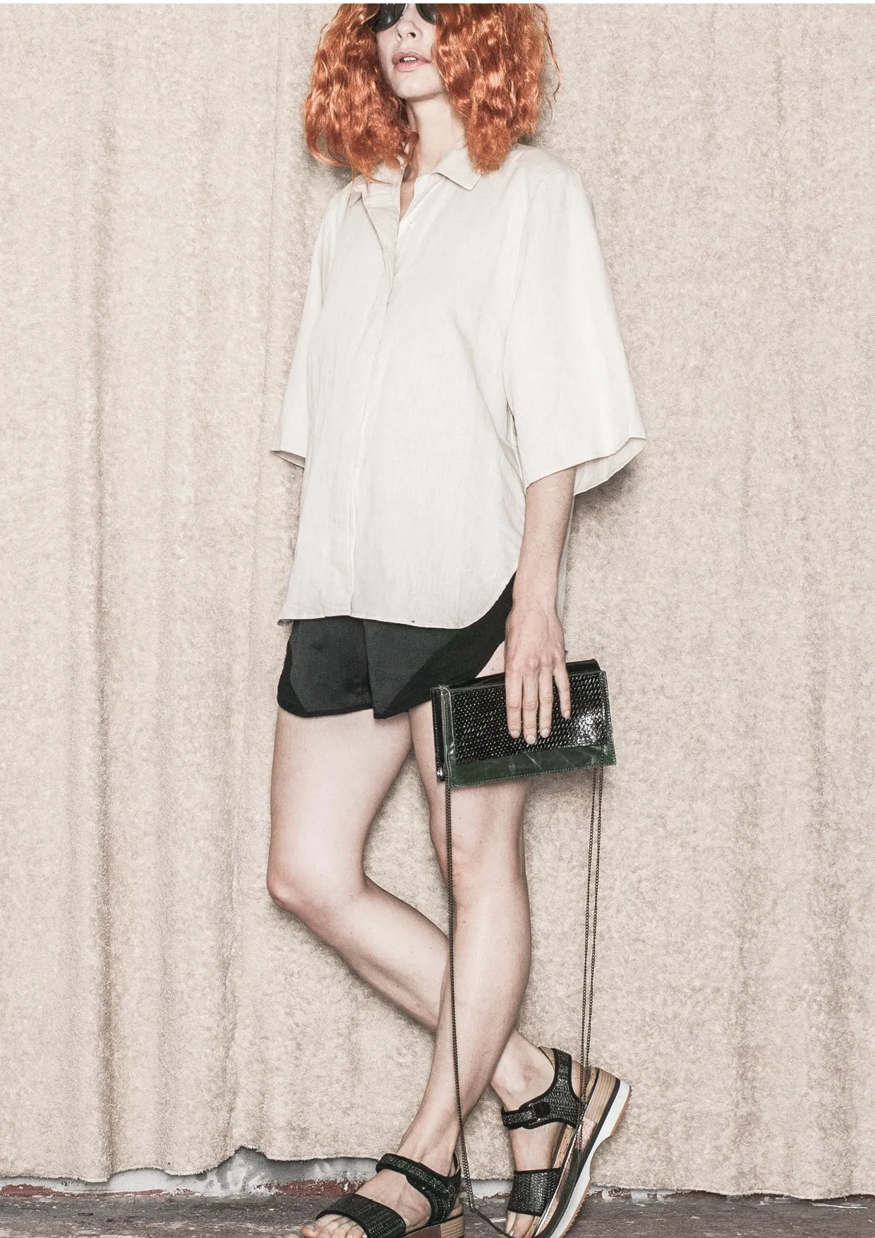 BLOUSE SHORT SLEEVES CONCEALED BUTTONS - LINEN natural white