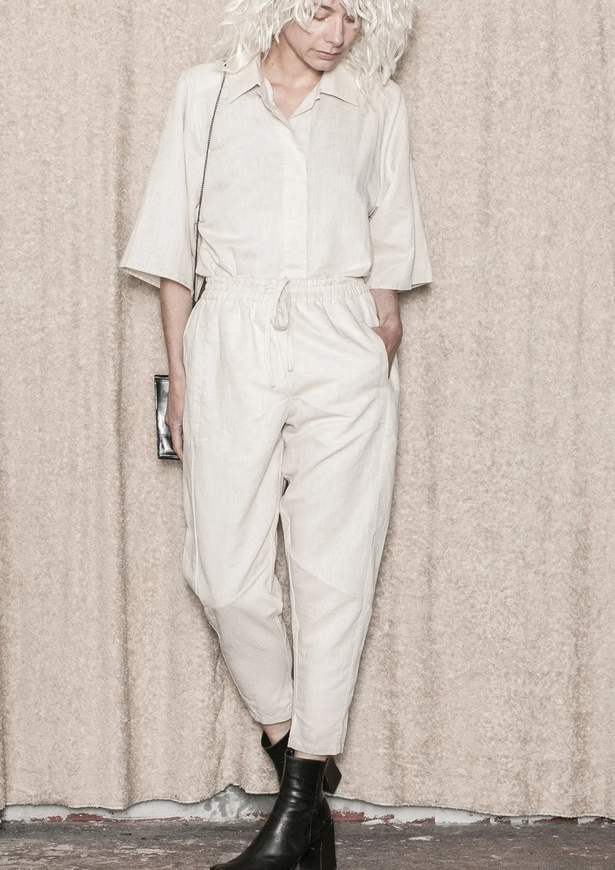 BLOUSE SHORT SLEEVES CONCEALED BUTTONS - LINEN natural white