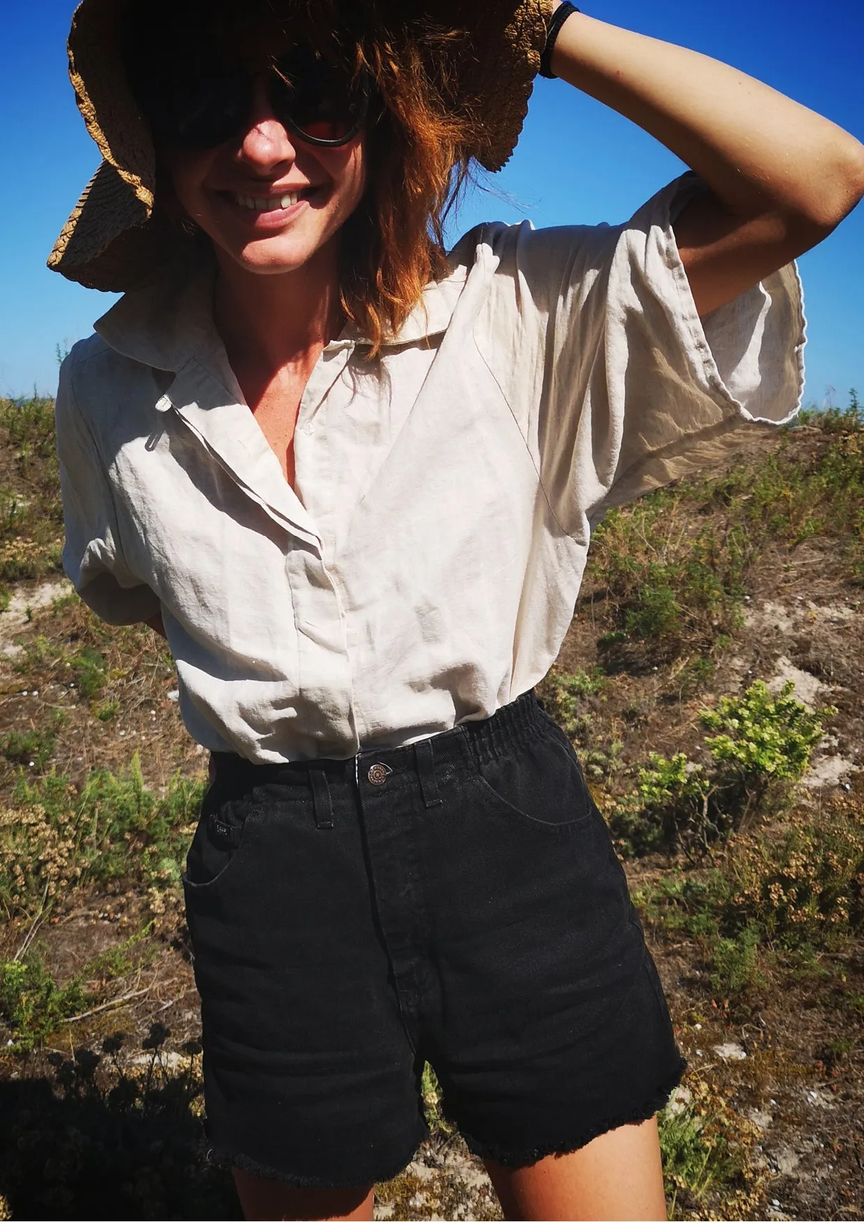 BLOUSE SHORT SLEEVES CONCEALED BUTTONS - LINEN natural white