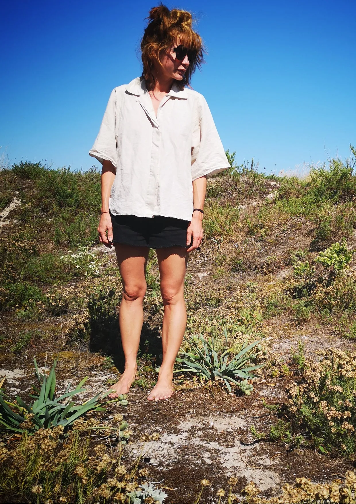 BLOUSE SHORT SLEEVES CONCEALED BUTTONS - LINEN natural white