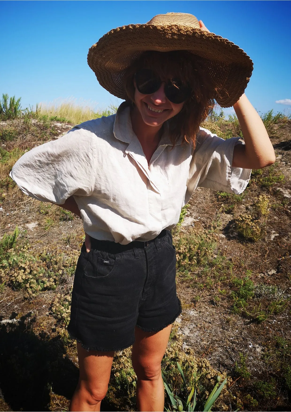BLOUSE SHORT SLEEVES CONCEALED BUTTONS - LINEN natural white