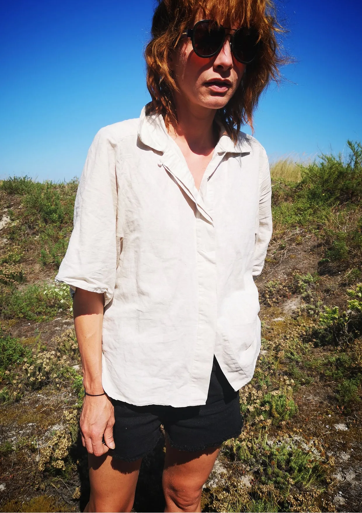 BLOUSE SHORT SLEEVES CONCEALED BUTTONS - LINEN natural white