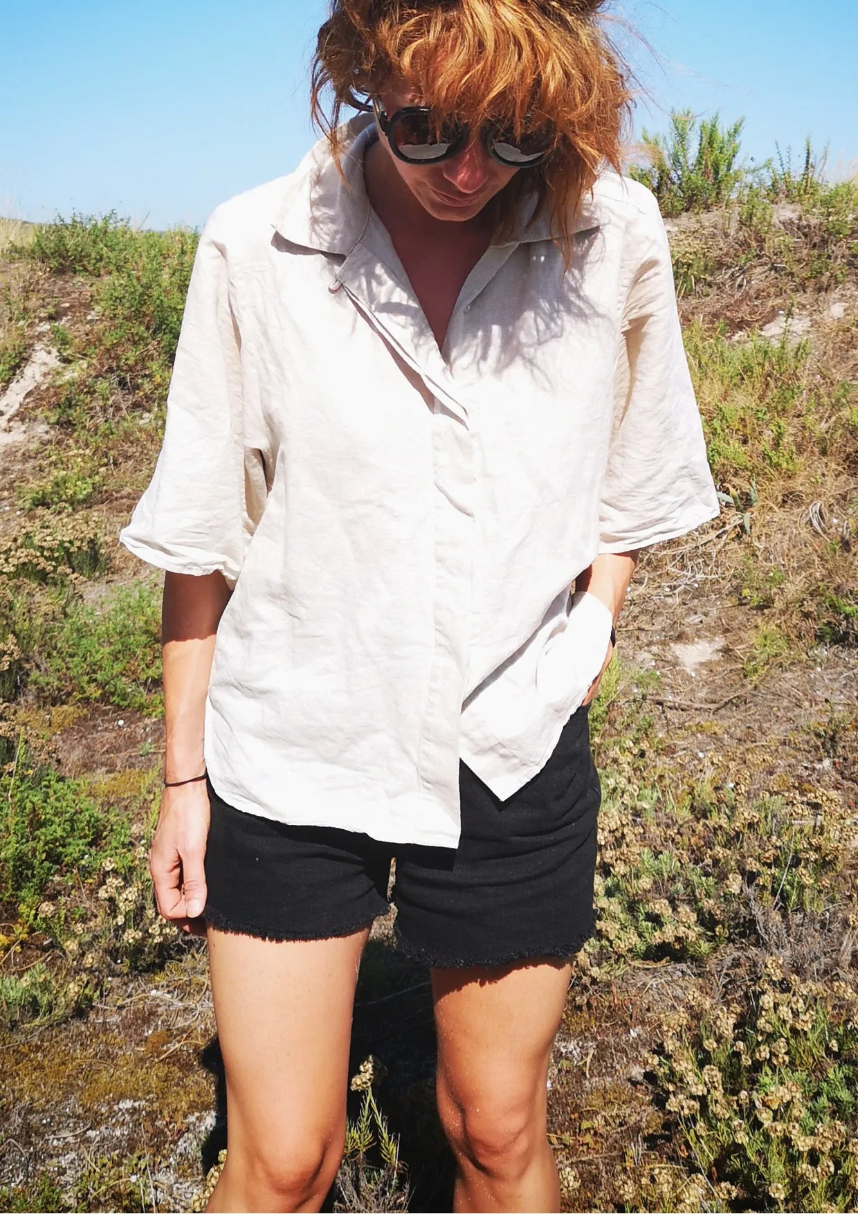 BLOUSE SHORT SLEEVES CONCEALED BUTTONS - LINEN natural white