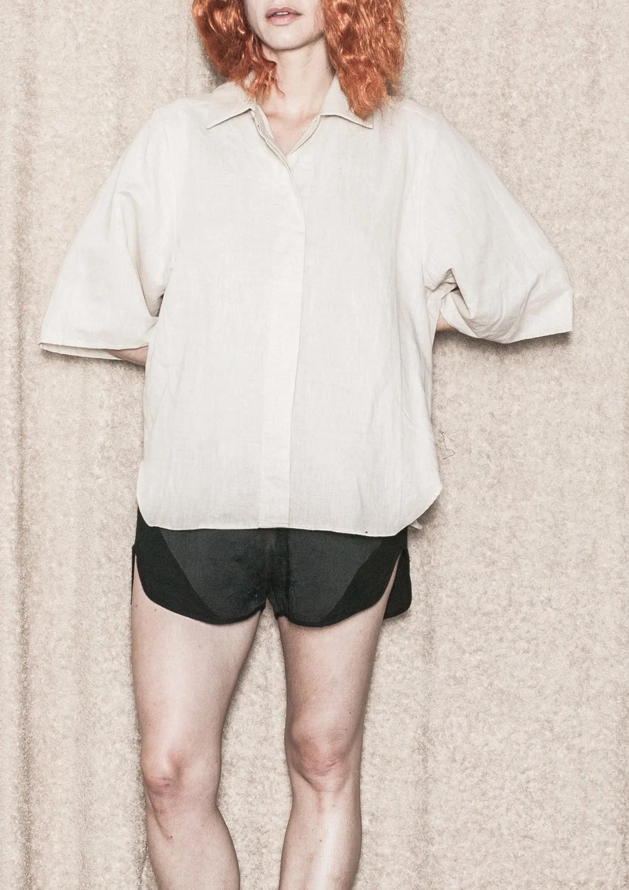 BLOUSE SHORT SLEEVES CONCEALED BUTTONS - LINEN natural white