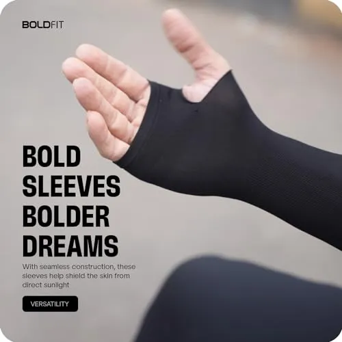 Boldfit Arm Sleeves for Men & Women UV Protection Hand Sleeves With Thumb Sun Protection Sleeves Arm Sleeves for Running, Black 1set