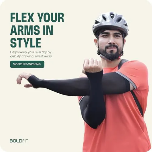 Boldfit Arm Sleeves for Men & Women UV Protection Hand Sleeves With Thumb Sun Protection Sleeves Arm Sleeves for Running, Black 1set