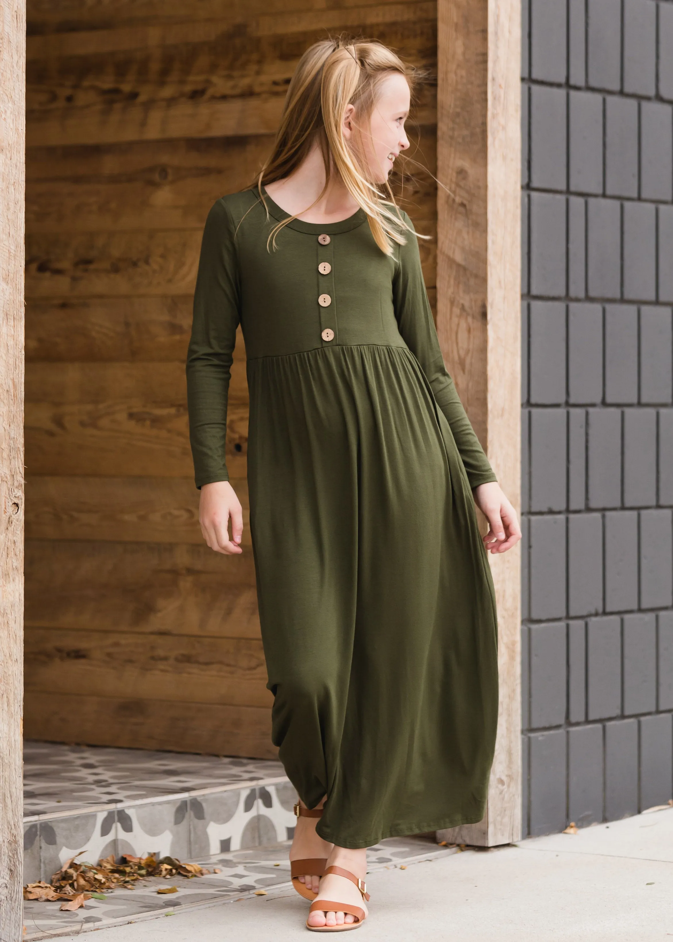 Button Front Olive Maxi Dress