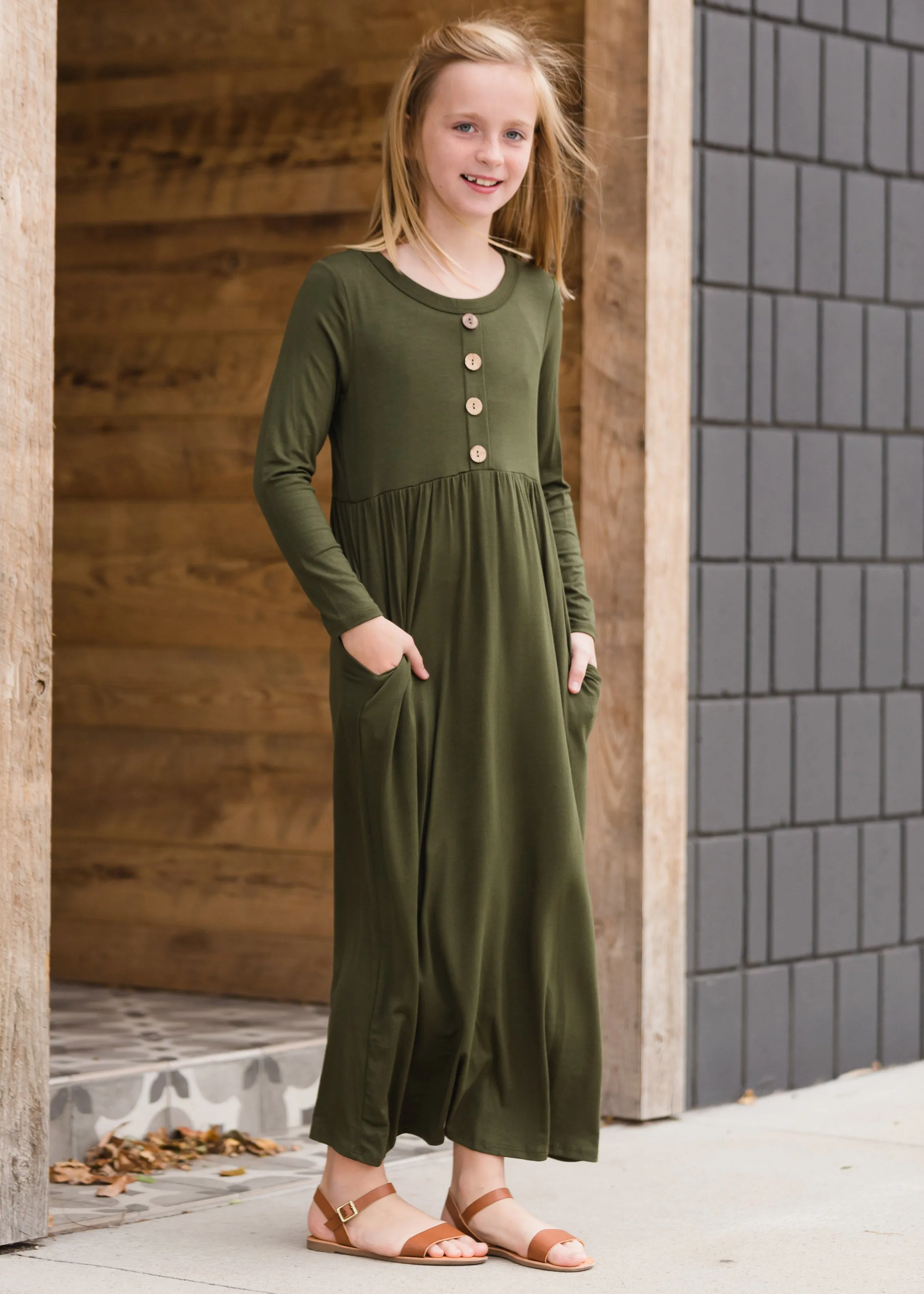 Button Front Olive Maxi Dress