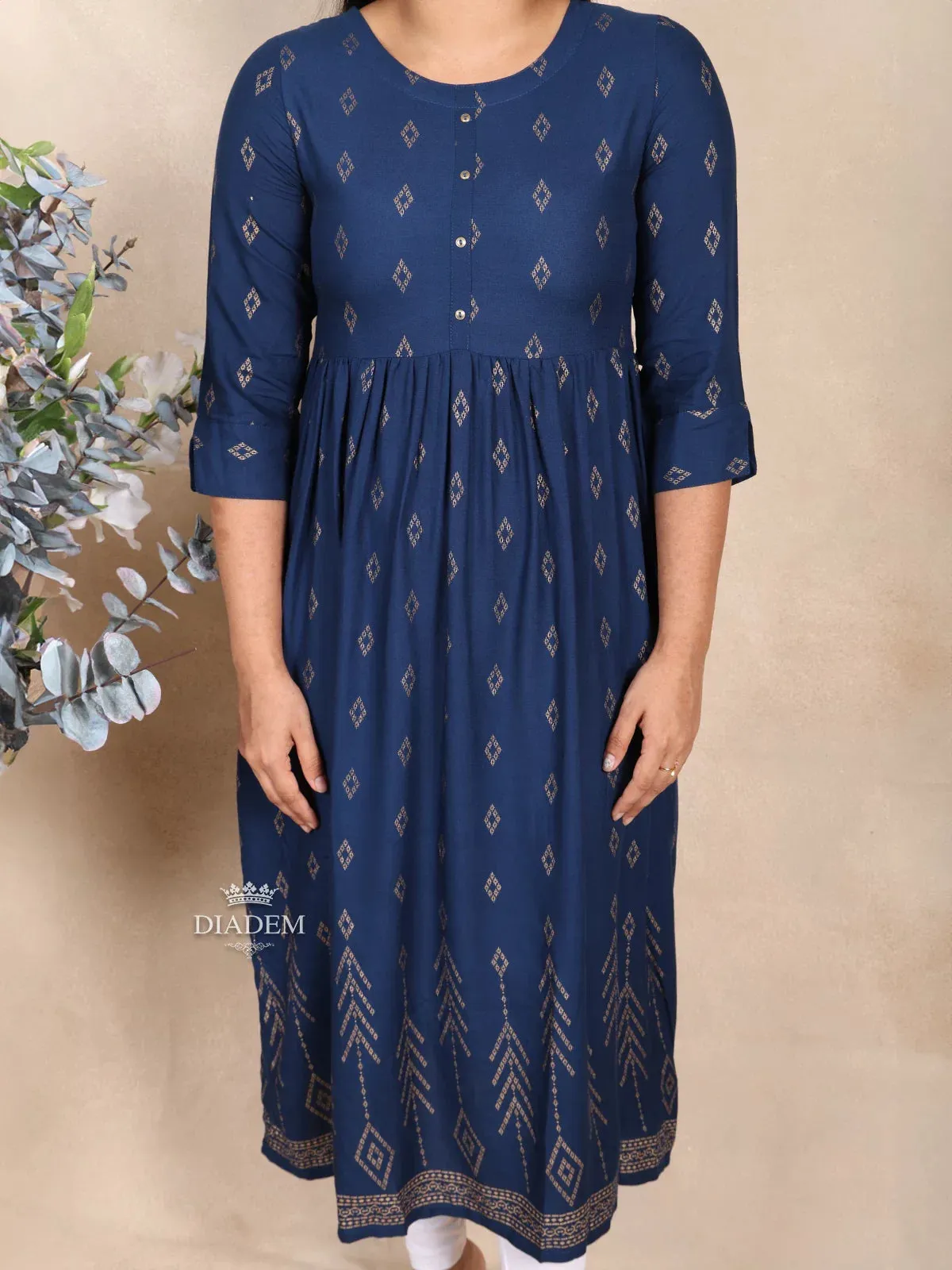 Dark Blue Cotton Kurti Adorned with Design Prints