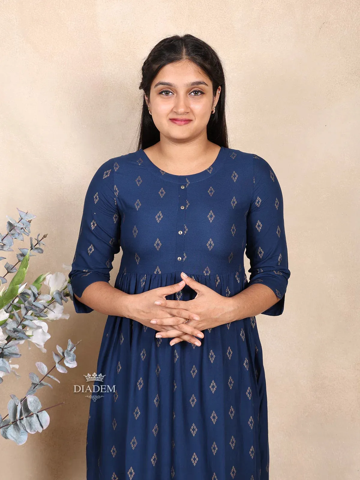 Dark Blue Cotton Kurti Adorned with Design Prints
