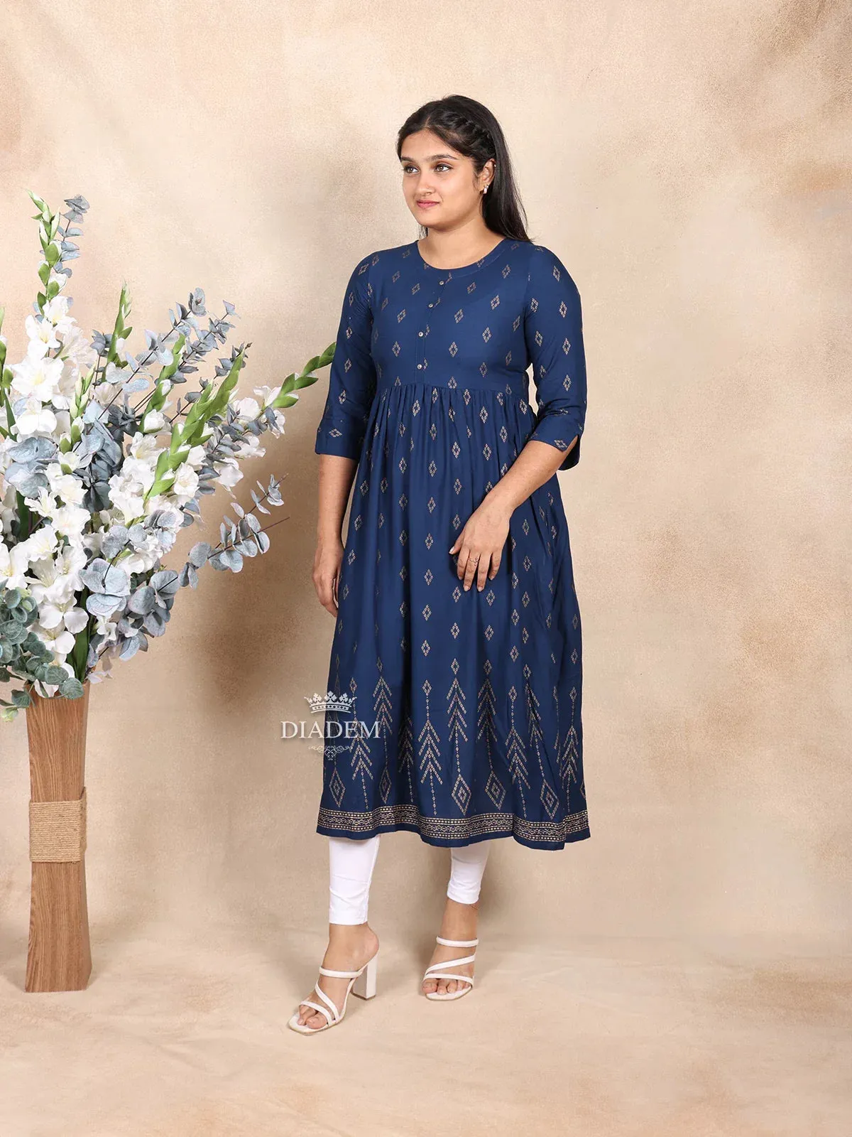 Dark Blue Cotton Kurti Adorned with Design Prints