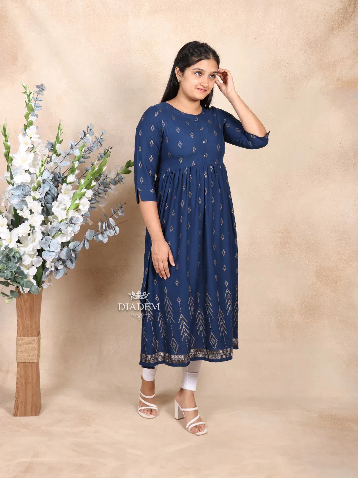 Dark Blue Cotton Kurti Adorned with Design Prints