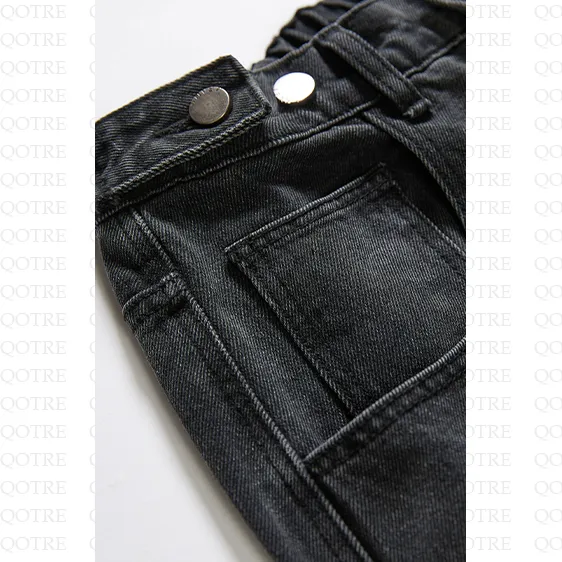 Elastic Waist Straight Leg Casual Trendy Loose Fit Slit Hem Jeans