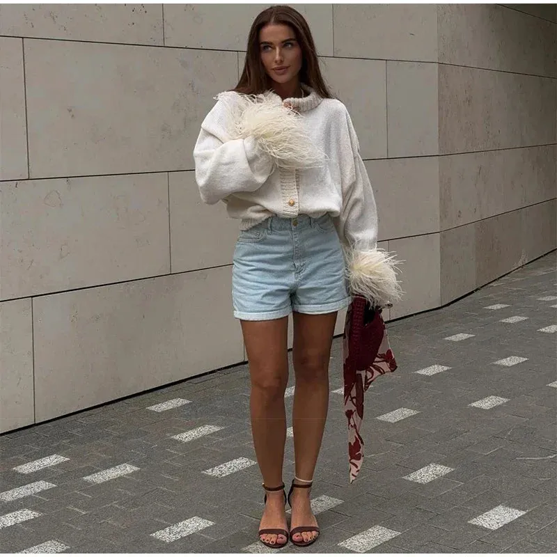 Feather Cuff Knit Sweater – Perfect for Autumn Casuals