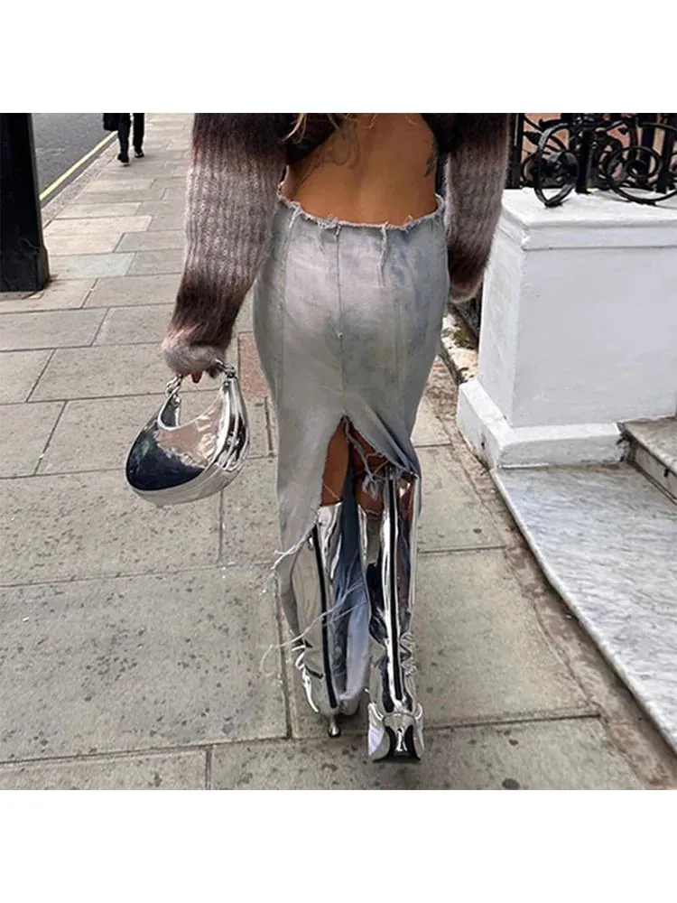 Girlary Woman Denim Maxi Slim A-line Low Waist Skirt Tie-dyed Pleated Wash Skirt Tassels Slit Basic Vintage Fashion Chic Office Lady Y2k