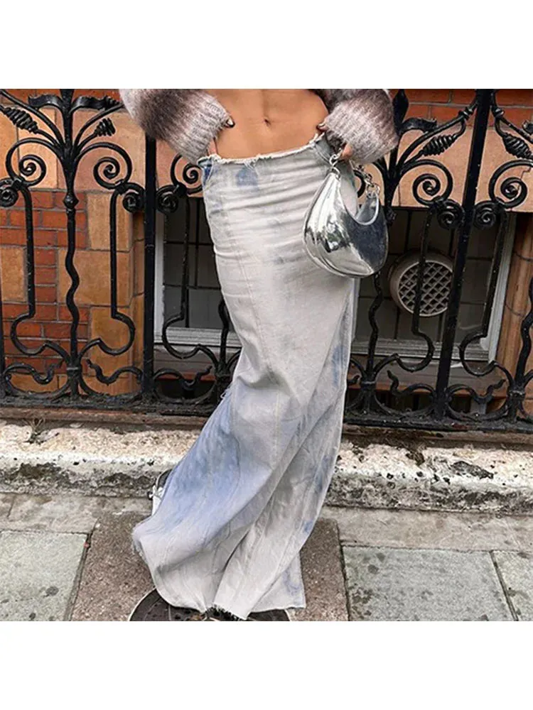 Girlary Woman Denim Maxi Slim A-line Low Waist Skirt Tie-dyed Pleated Wash Skirt Tassels Slit Basic Vintage Fashion Chic Office Lady Y2k