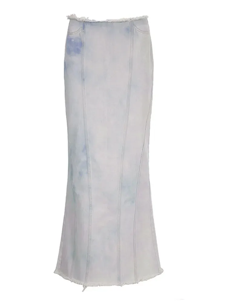 Girlary Woman Denim Maxi Slim A-line Low Waist Skirt Tie-dyed Pleated Wash Skirt Tassels Slit Basic Vintage Fashion Chic Office Lady Y2k