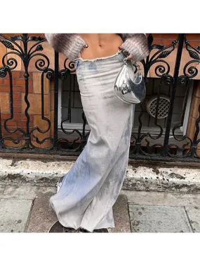 Girlary Woman Denim Maxi Slim A-line Low Waist Skirt Tie-dyed Pleated Wash Skirt Tassels Slit Basic Vintage Fashion Chic Office Lady Y2k