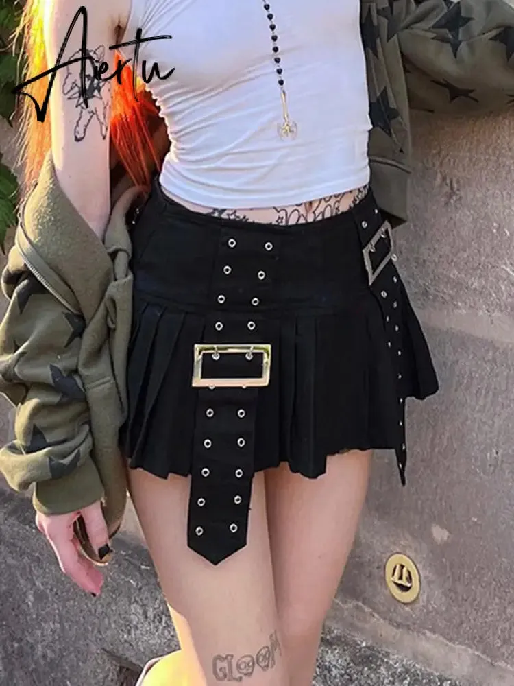 Gothic A-line Pleated Skirt Streetwear y2k Low Rise Stitched Ribbon Loose Black Skirts for Women Punk Style Outfits Chic