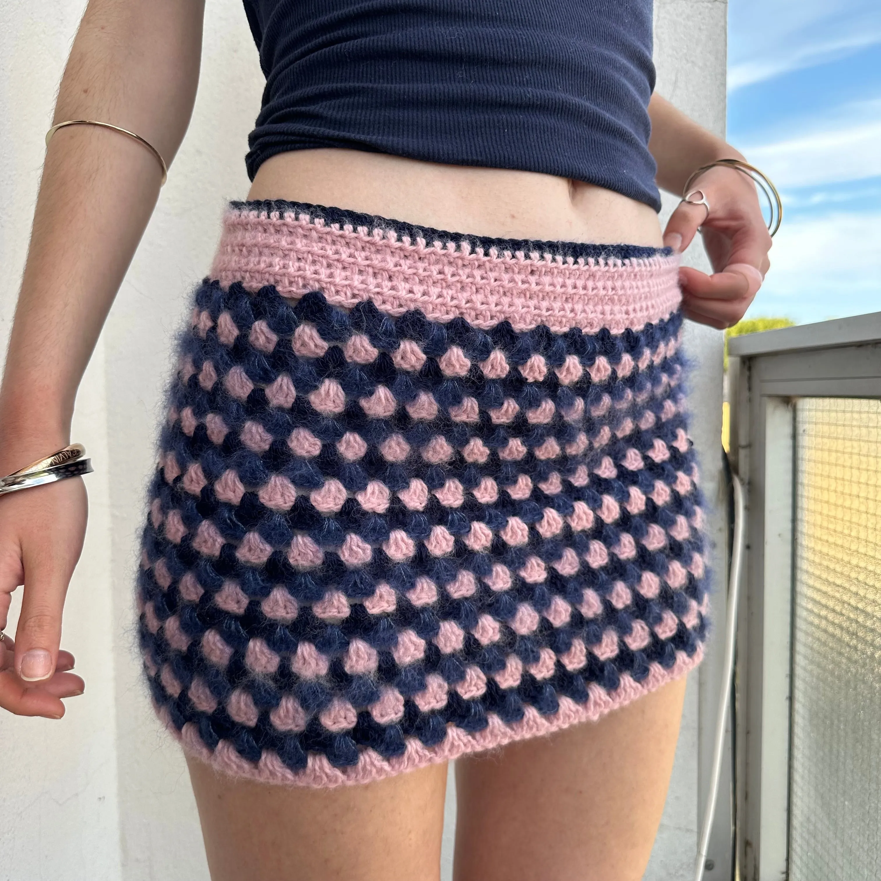 Handmade retro crochet mini skirt in baby pink and navy blue mohair