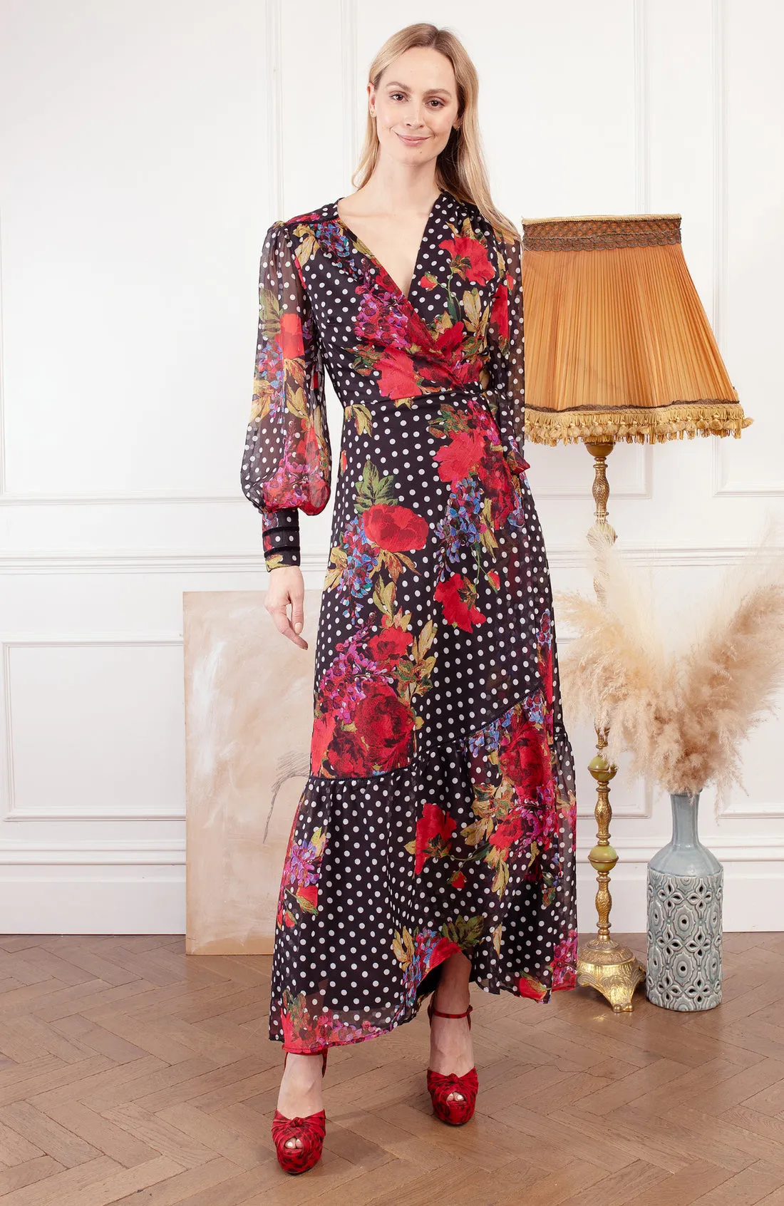 Hope & Ivy The Moni Tie Waist Maxi Wrap Dress