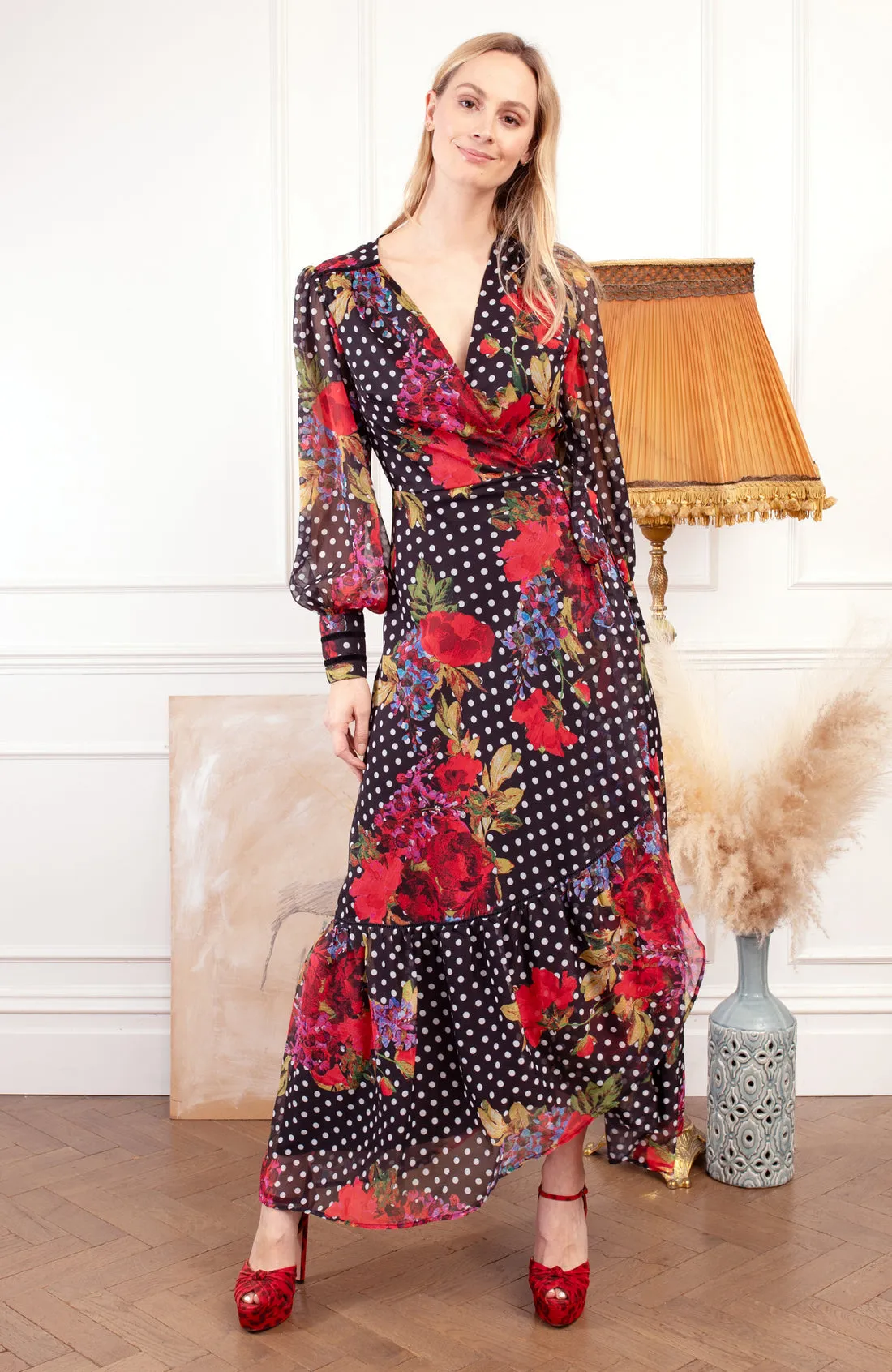 Hope & Ivy The Moni Tie Waist Maxi Wrap Dress