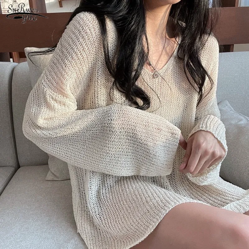 Joskaa Back To College Autumn 2024 White Blouse Hollow Out Sunscreen Sweater Loose Lady Tops V-neck Sweater Summer Sunscreen Blouse New Chic 15734