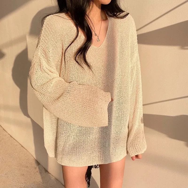 Joskaa Back To College Autumn 2024 White Blouse Hollow Out Sunscreen Sweater Loose Lady Tops V-neck Sweater Summer Sunscreen Blouse New Chic 15734