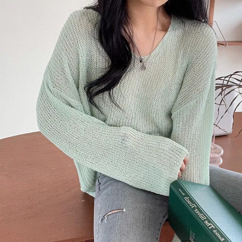 Joskaa Back To College Autumn 2024 White Blouse Hollow Out Sunscreen Sweater Loose Lady Tops V-neck Sweater Summer Sunscreen Blouse New Chic 15734