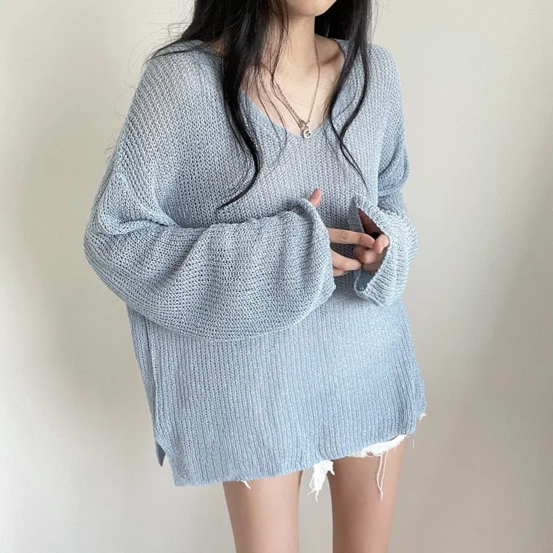Joskaa Back To College Autumn 2024 White Blouse Hollow Out Sunscreen Sweater Loose Lady Tops V-neck Sweater Summer Sunscreen Blouse New Chic 15734