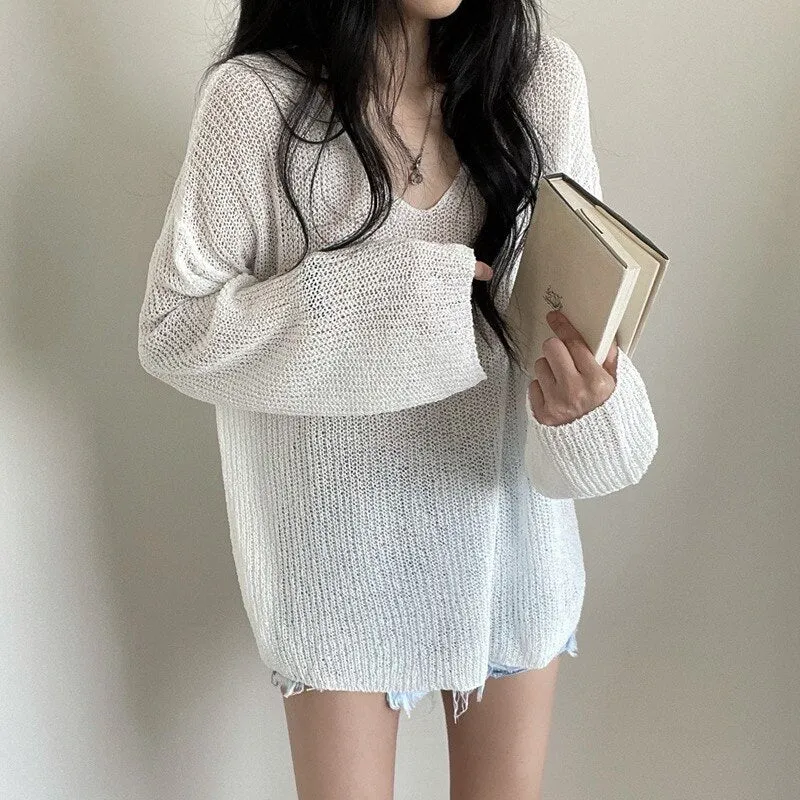 Joskaa Back To College Autumn 2024 White Blouse Hollow Out Sunscreen Sweater Loose Lady Tops V-neck Sweater Summer Sunscreen Blouse New Chic 15734