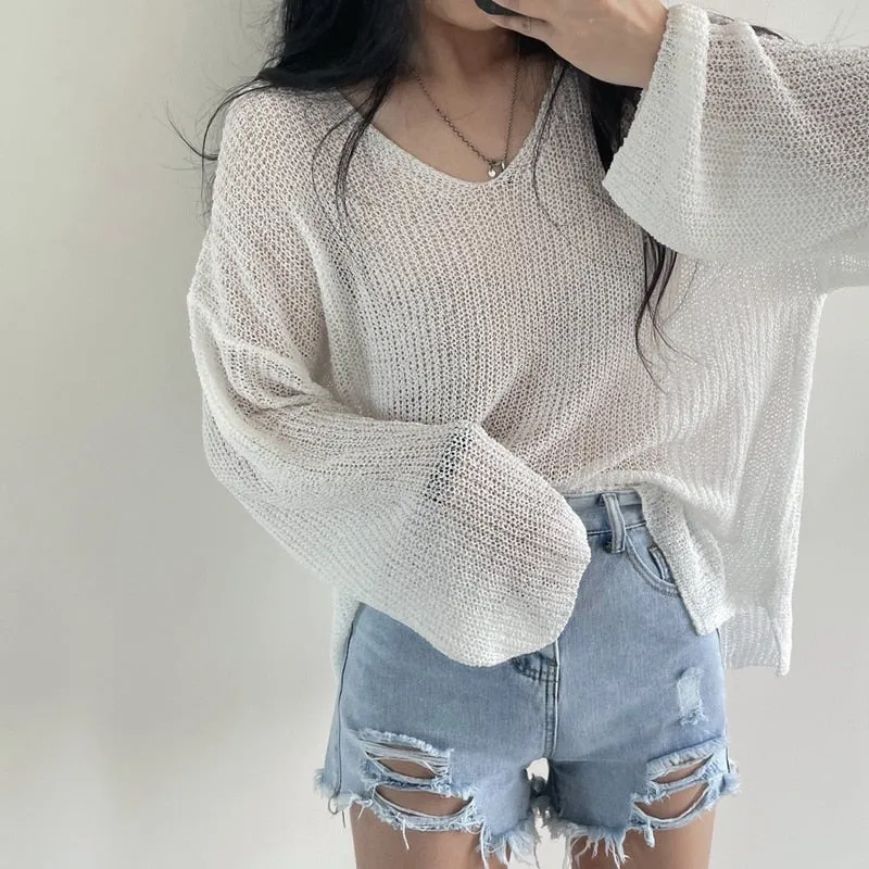 Joskaa Back To College Autumn 2024 White Blouse Hollow Out Sunscreen Sweater Loose Lady Tops V-neck Sweater Summer Sunscreen Blouse New Chic 15734