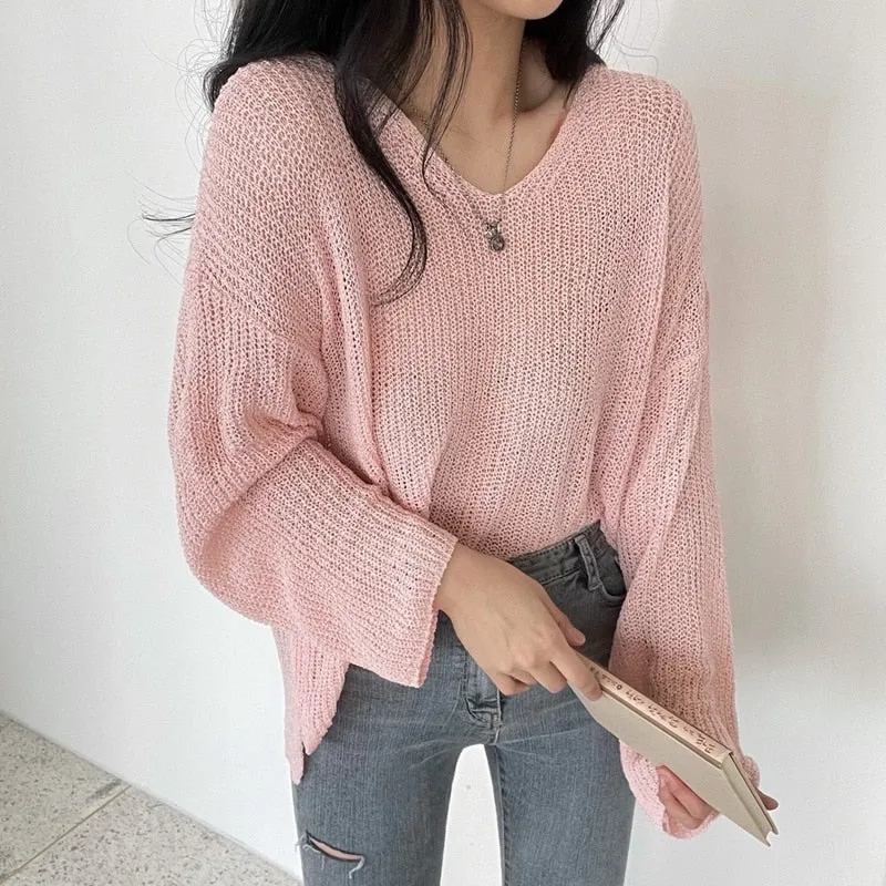 Joskaa Back To College Autumn 2024 White Blouse Hollow Out Sunscreen Sweater Loose Lady Tops V-neck Sweater Summer Sunscreen Blouse New Chic 15734
