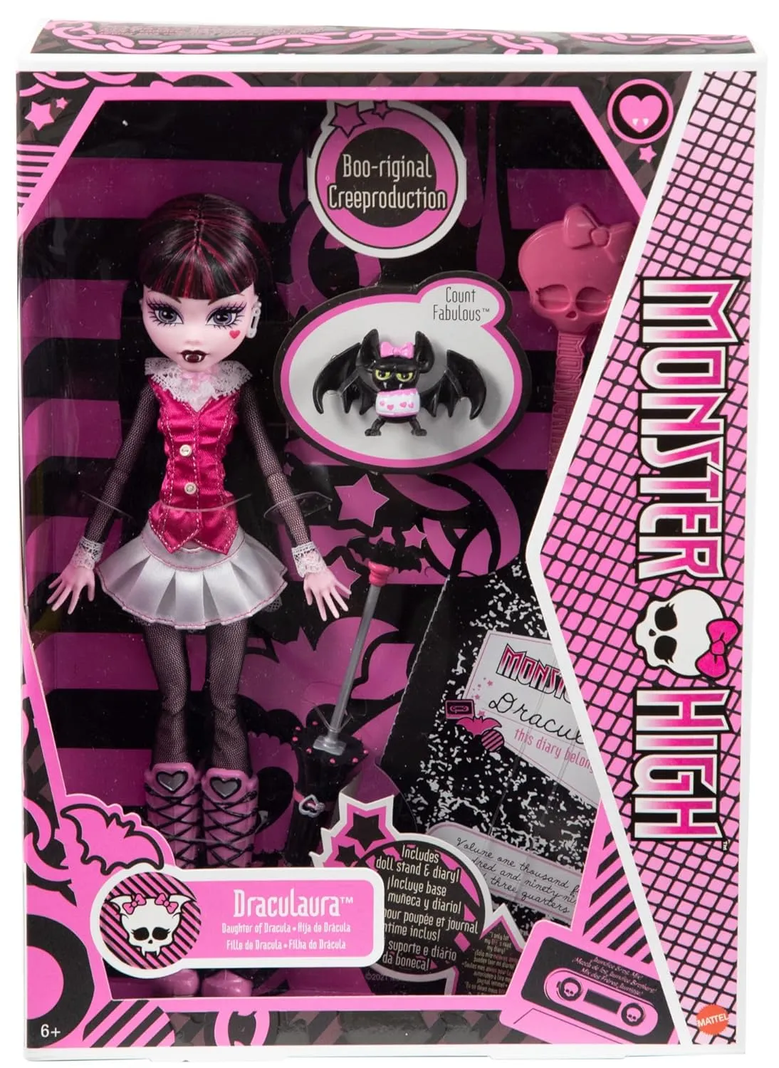 Monster High 10.5 inch Draculaura Reproduction Doll Wearing Original Fashion & Shoes, with Pet, Doll Stand & Accessories Gift for Ages 6 