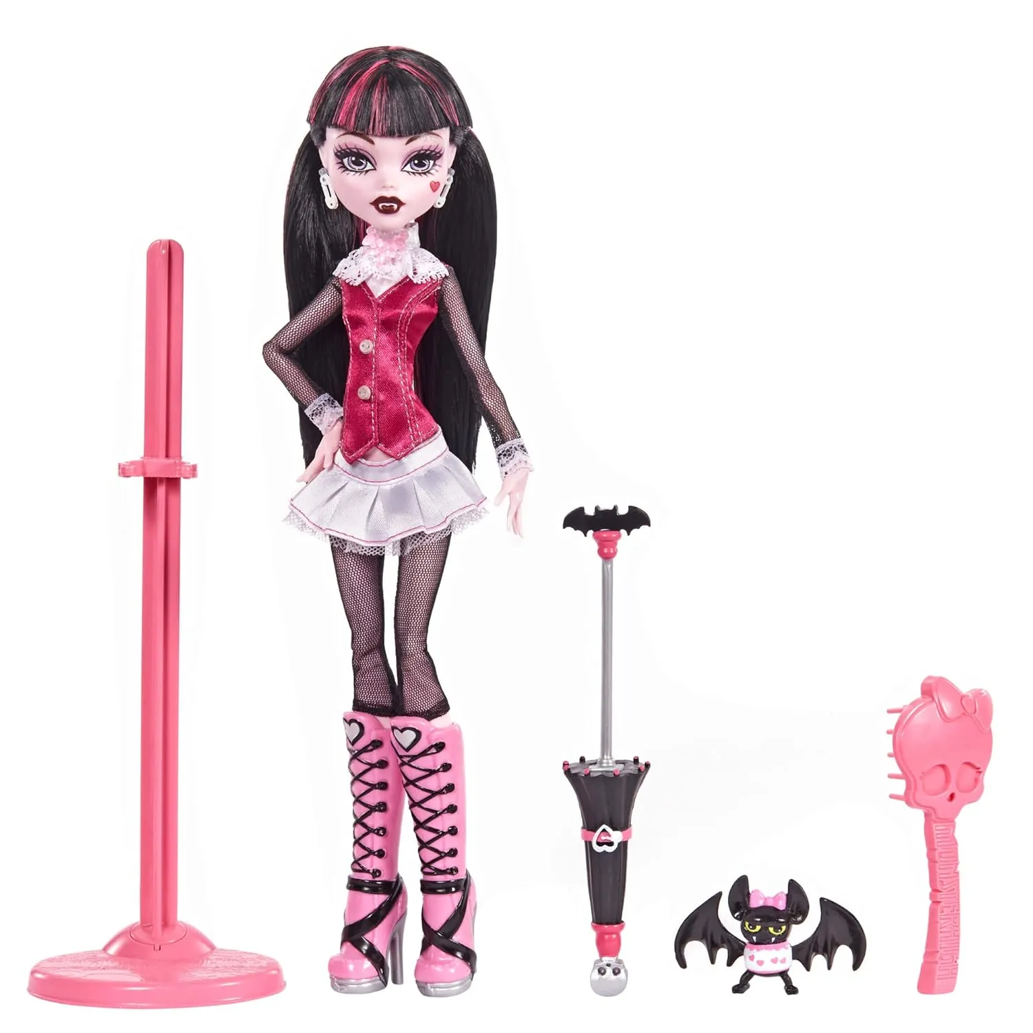 Monster High 10.5 inch Draculaura Reproduction Doll Wearing Original Fashion & Shoes, with Pet, Doll Stand & Accessories Gift for Ages 6 