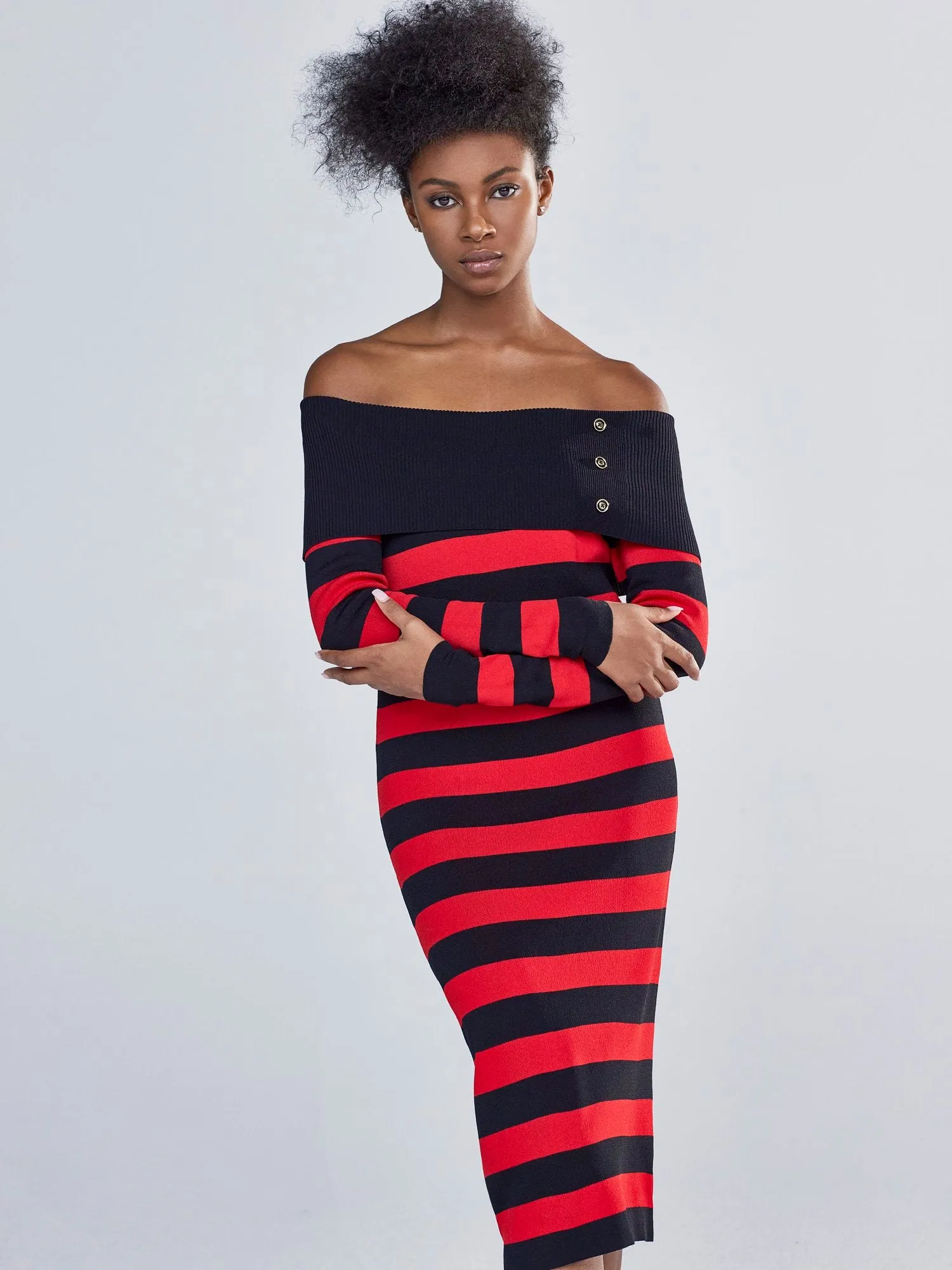 Off-The-Shoulder Stripe Sweater Dress