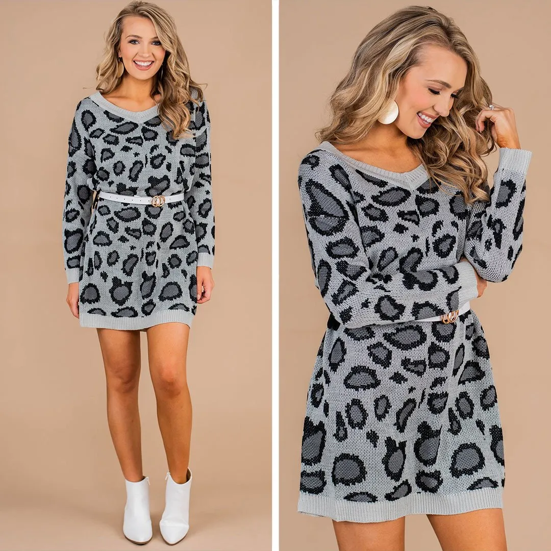 Only You Gray Leopard Sweater Dress